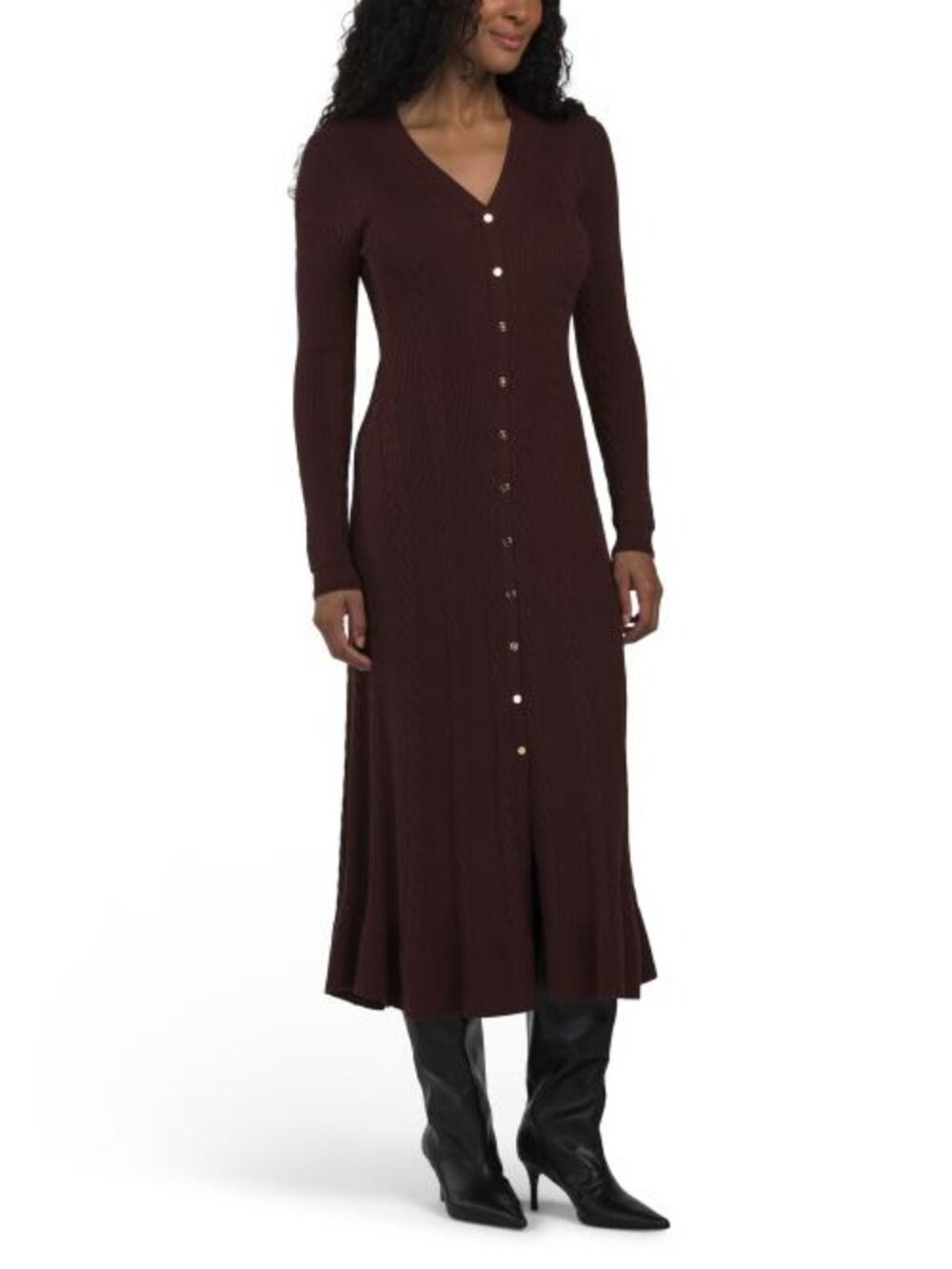 ELIE TAHARI Long Sleeve V-neck Button Cable Sweater Dress